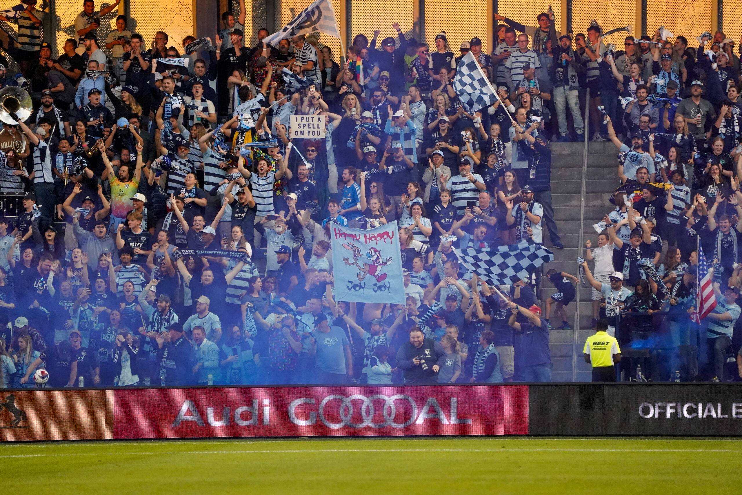 Sporting KC fans celebrating a goal vs St. Louis City SC in the MLS Cup Playoffs in 2023