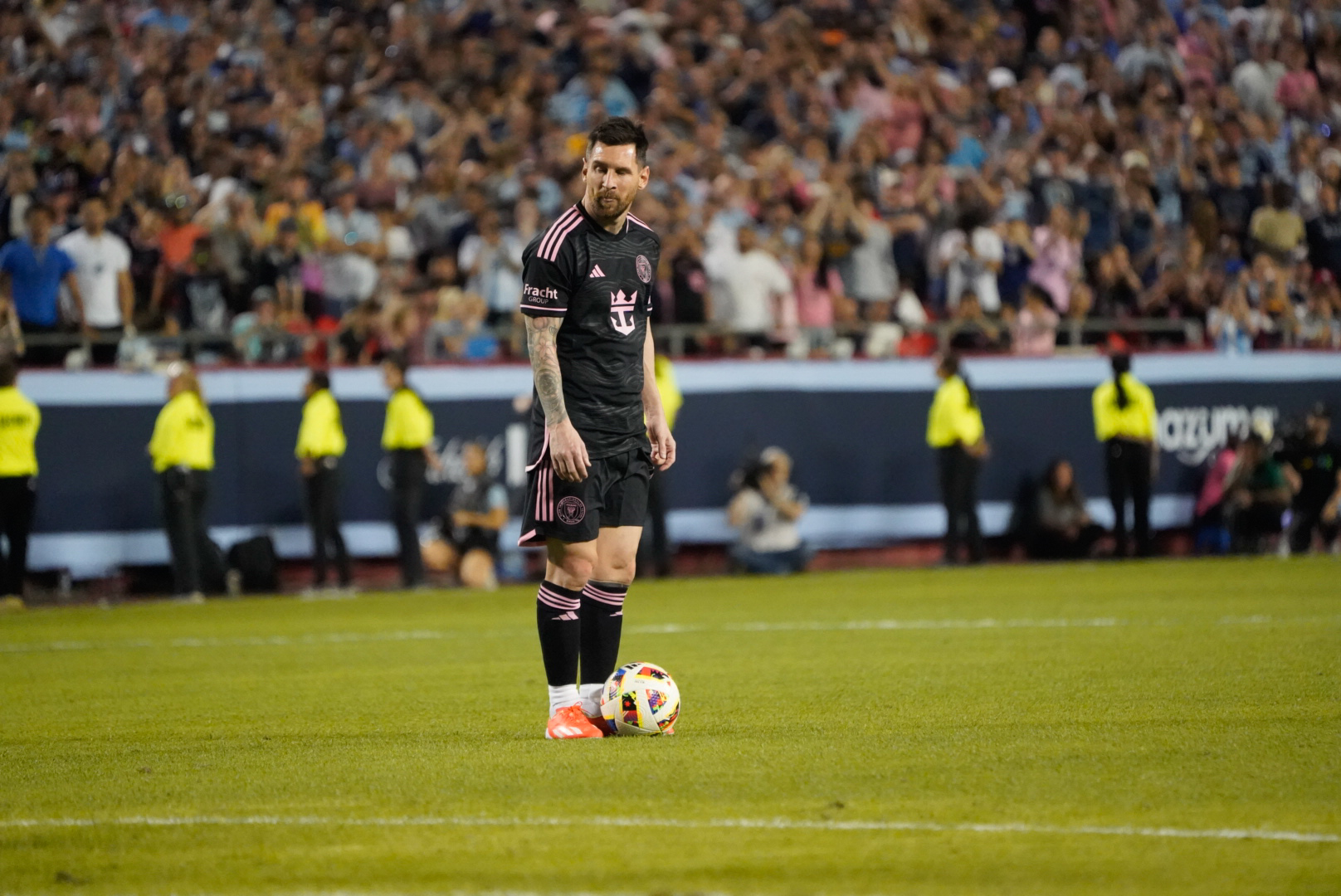 Lionel Messi prepares for a free kick vs Sporting Kansas City in a Major League Soccer match at Arrowhead Stadium.