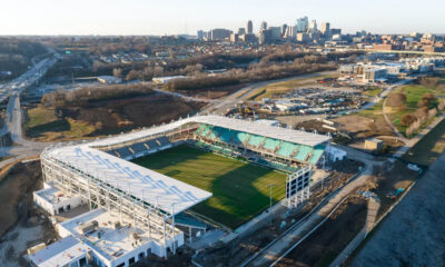 Newly constructed CPKC Stadium overlooking the Kansas City skyline, resting comfortably along the Mighty Missouri River in the Heart of America